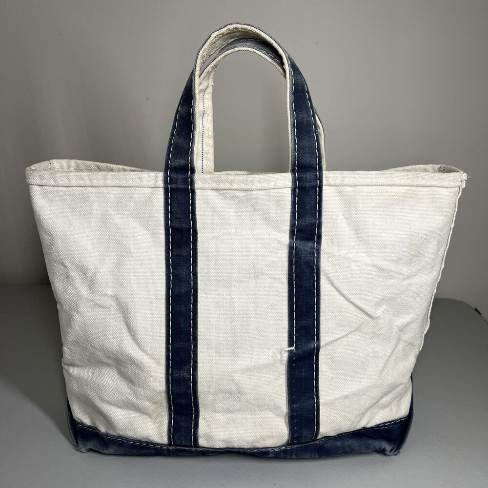 Vintage LL Bean Boat Tote Canvas Bag Distressed Sawtooth Crinkle Tag Maine White - Picture 1 of 16
